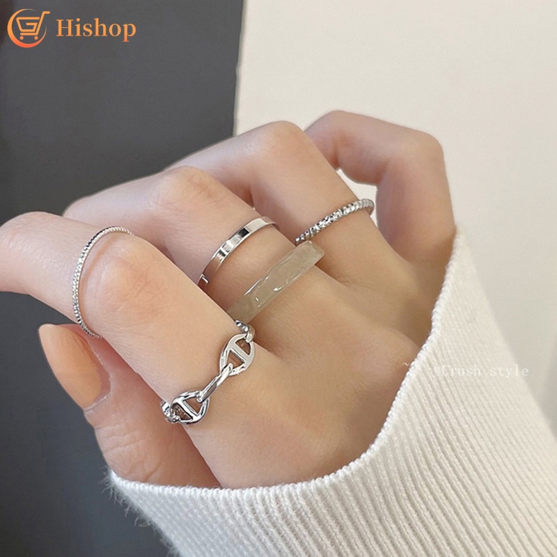 5pcs / Set Cincin Bahan Resin Warna Silver Gaya Korea Untuk Wanita