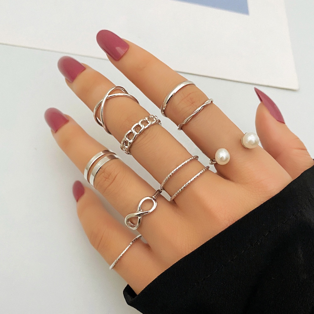 9pcs / set Cincin Silver Model Terbuka Dengan Mutiara Untuk Wanita