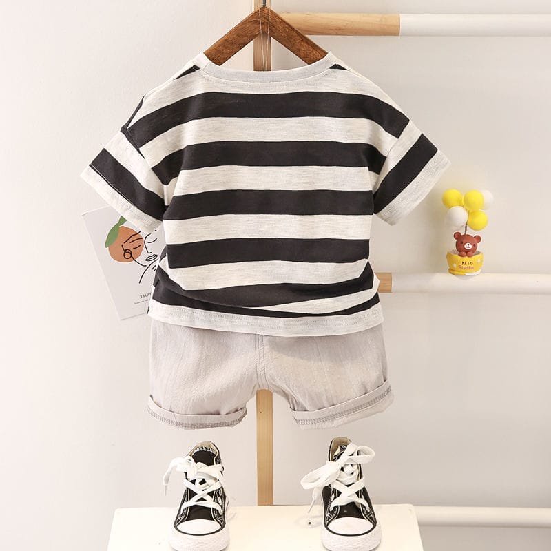 [COD] Setelan pendek anak 0-5 tahun motif garis grey &amp; biru / baju anak stelan anak lengan pendek impor korea / pakaian anak/Brownieground