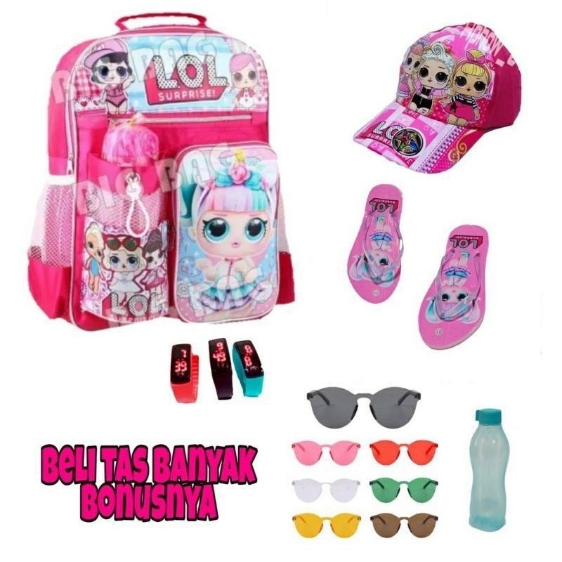 PAKET KOMPLIT TAS ANAK RANGSEL SEKOLAH ANAK TAS MOTIF LOL GRATIS TOPI JAM SANDAL KACAMATA BOTOL