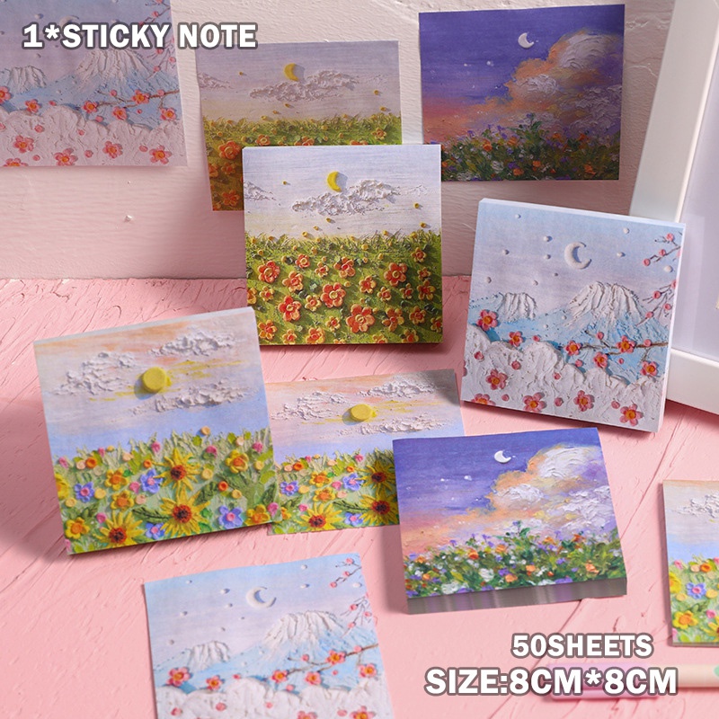 50 Lembar Kertas Memo Sticky Note Bentuk Kotak Motif Lukisan Cat Minyak Untuk Scrapbook Diy