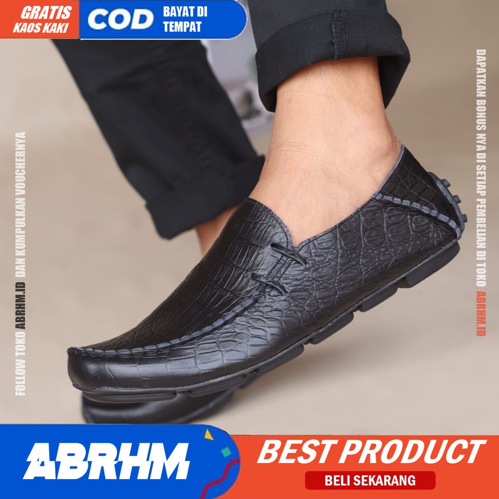 ABRHM x MOCLAY Sepatu Slip On Casual Pria Sepatu Slop Cowok Mocasin Anti slip Kulit Asli Sepatu kerja Pantofel Semi formal Keren Kekinian Original