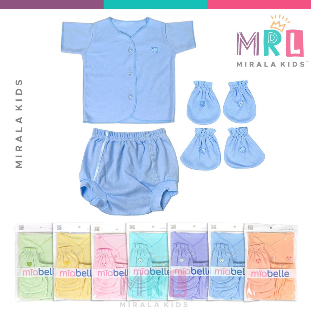 Miabelle Newborn Set 3in1 Warna Polos Pendek (Baju + Celana Pop + STK)