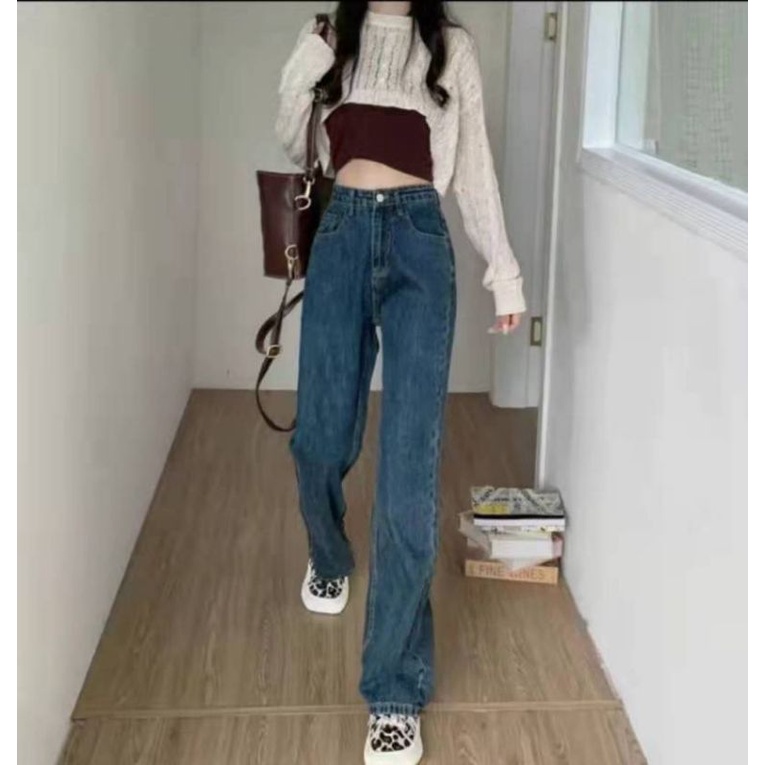 Jeans High Waist Lurus Longgar Jeans Wanita
