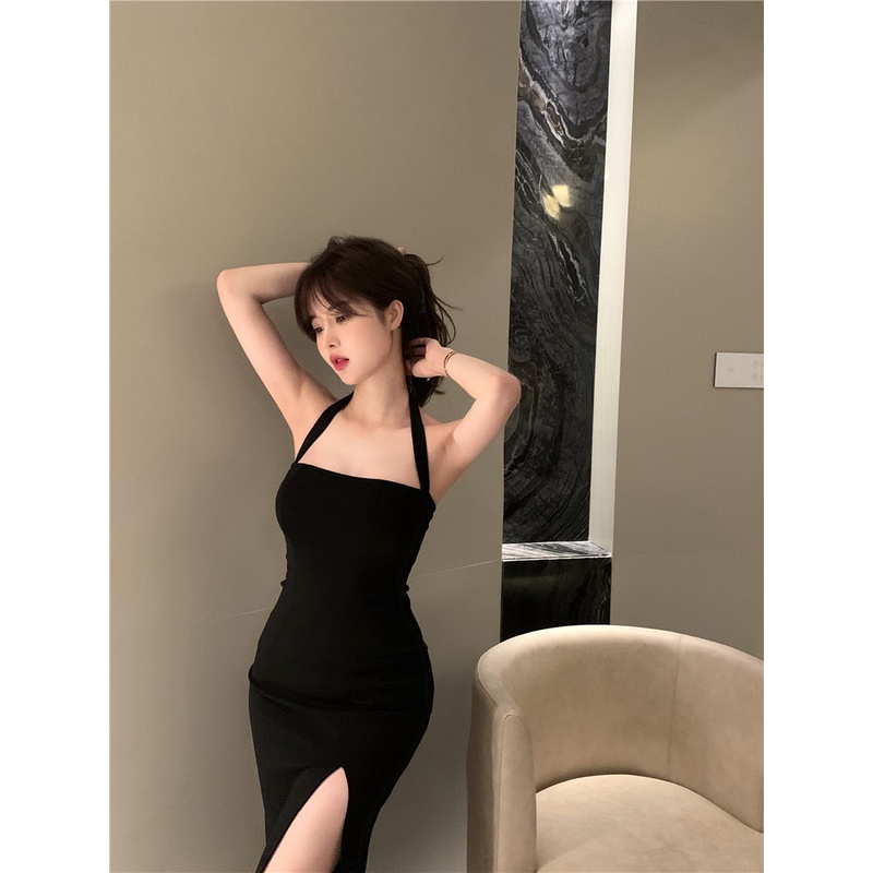 midi dress korea hitam gaun seksi rok kecil satu langkah rok panjang tengah