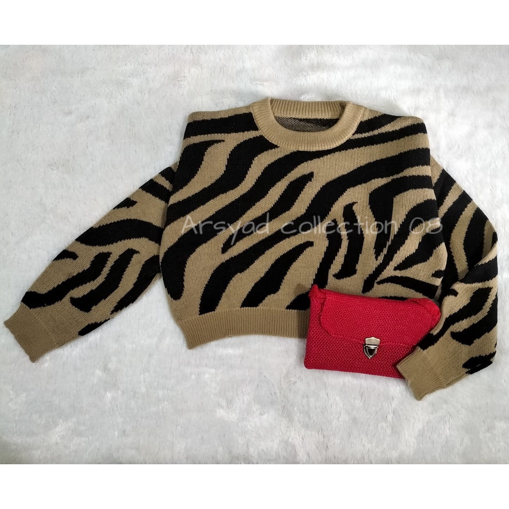 SWEATER RAJUT CROP TOP KNIT MOTIF ZEBRA