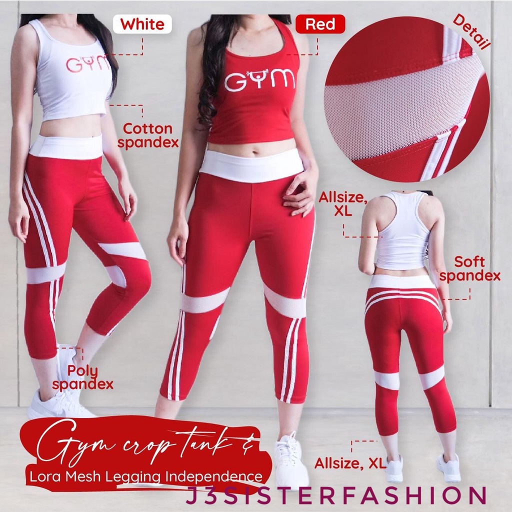 SETELAN SENAM GYM LORA SET MERAH PUTIH BAJU SENAM ZUMBA BAJU AEROBIK WANITA