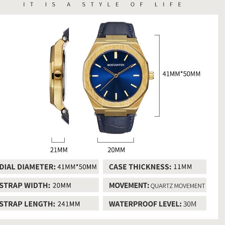[QS1219] Bostanten  Jam Tangan Pria Tahan Air Bezel Logam Berat Jam Tangan Kulit Biru Untuk Pria  (C
