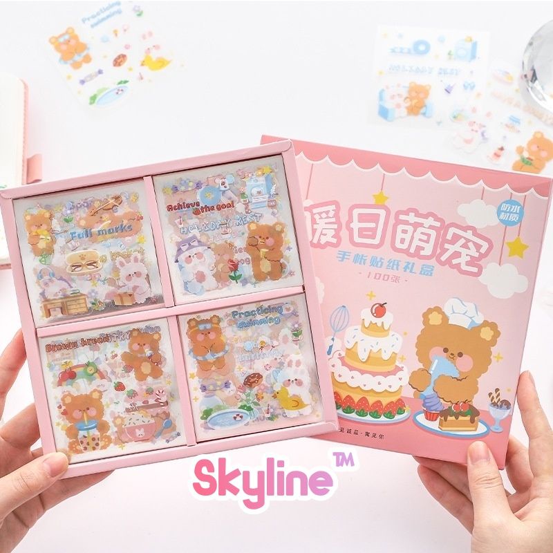 

Sticker PVC Kiss Cut Botol Scrap Book Journal Dengan Motif Bunny&Bear Full Color Isi 10Lembar