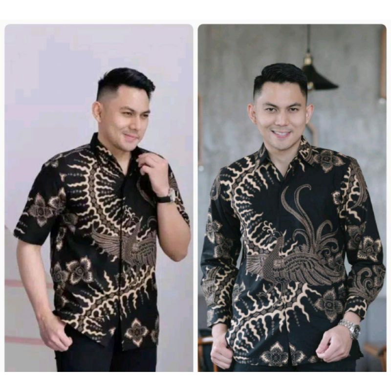 Batik kemeja pria lengan pendek &amp; panjang lapis furing batik bahan katun baturaden reguler Klabang hitam