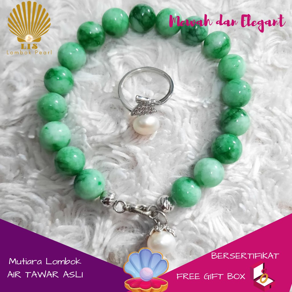GELANG MUTIARA LOMBOK MUTIARA AIR TAWAR ALAMI ASLI LOMBOK HIAS BATU HIJAU