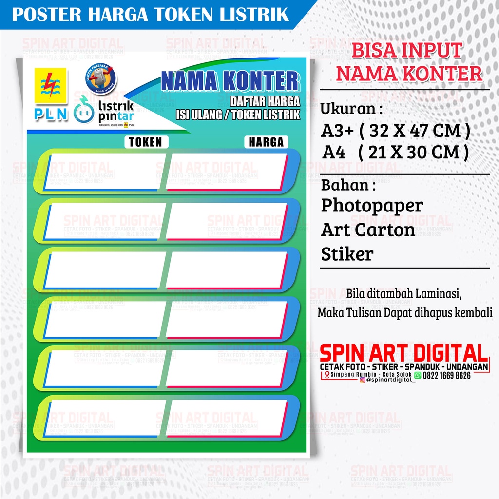 

POSTER / STIKER KONTER DAFTAR HARGA TOKEN LISTRIK