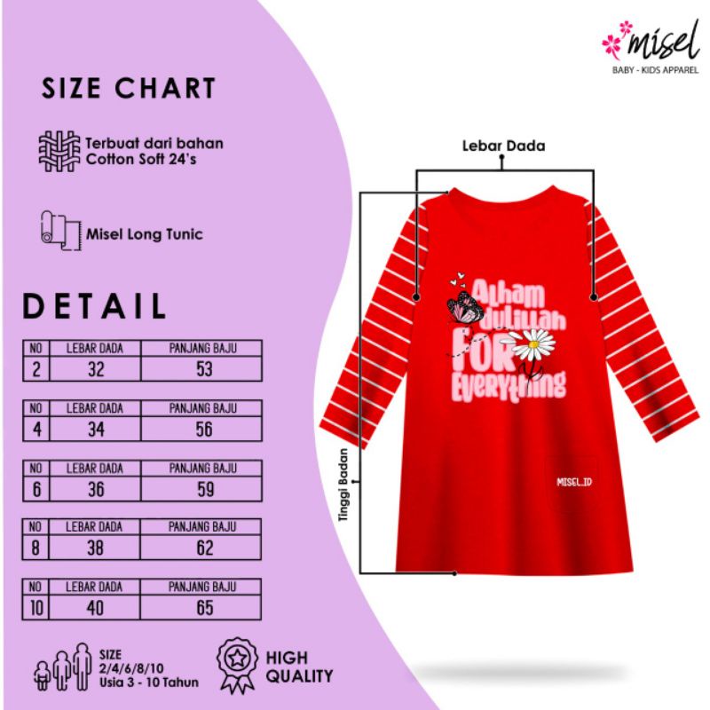 T'shirt Tunik Salur Anak Perempuan Tangan Panjang Motif Karakter Muslim usia 2-9 tahun