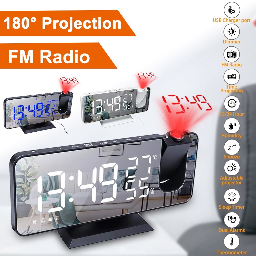 Jam Alarm Digital Proyektor Temperature Humidity FM Radio - EN8827 - Black White