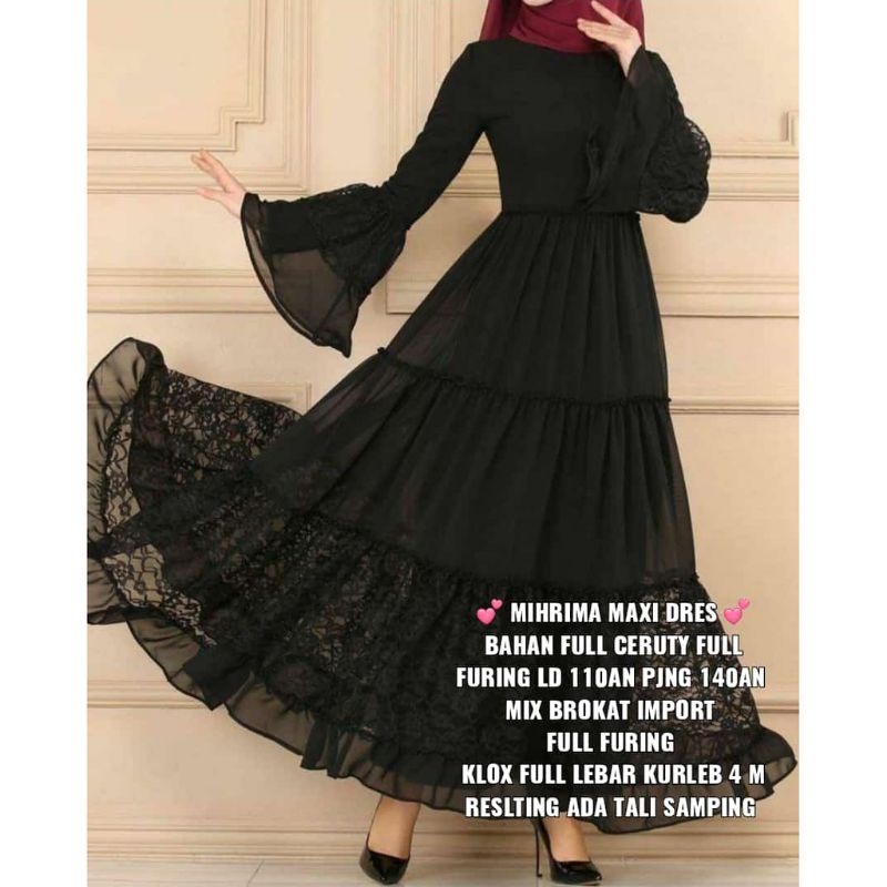 Abaya turki mihrima maxi dress busui friendly siffon ceruti perpaduan dengan brukat anggun