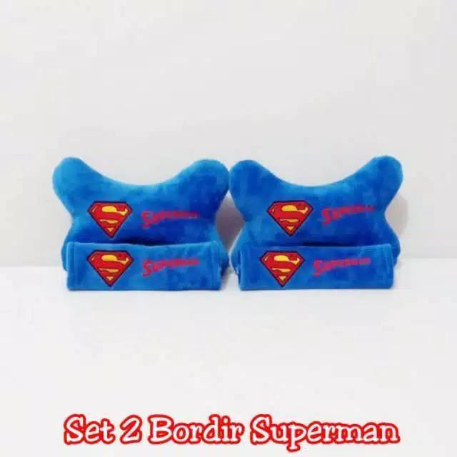 Set car bantal headrest sandaran kepala jok leher kursi mobil SuPerMaN biru 2 R