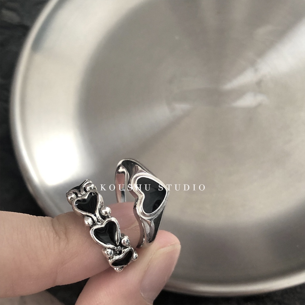 Cincin Bentuk Hati Warna Hitam Gaya Retro Harajuku Korea