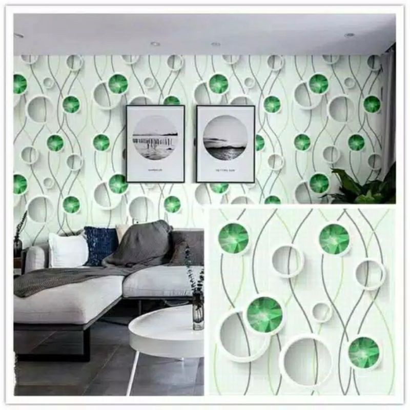 Wallpaper Dinding Motif Wave Bulat Hijau 9sd10mx45cm