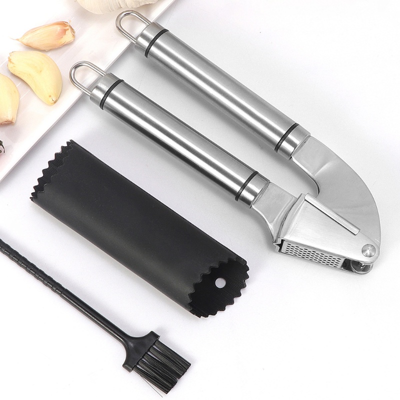 1 Set Alat Penghancur Bawang Putih Manual Bahan Stainless Steel Dengan Sikat Pembersih Silikon