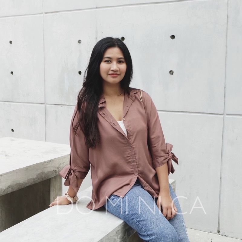 CINDY OVERSIZED SHIRT | kemeja wanita oversize lengan pendek bahan rayon-Darkmauve