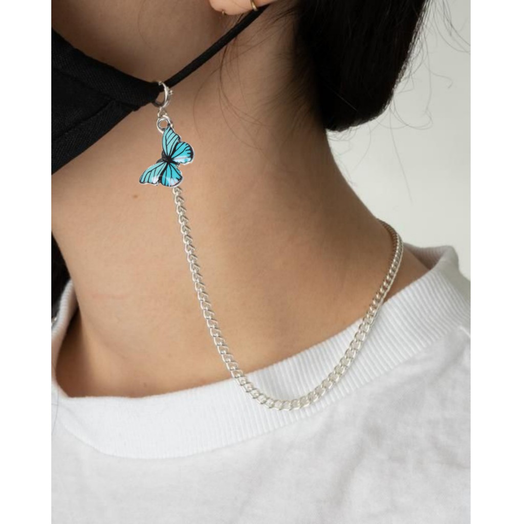 Kalung Rantai Silver Liontin Kupu Warna Biru Aesthetic /Aksesoris kalung Korea Butterfly