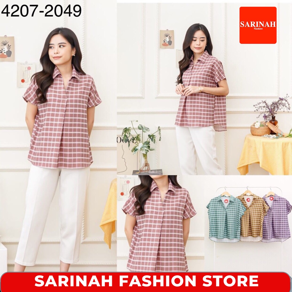 Blus Atasan Wanita Kemeja Lengan Pendek Motif Kotak