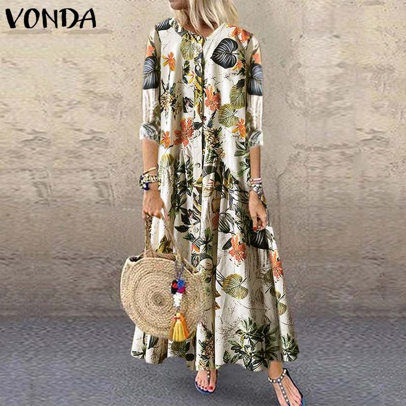 Bohemian Floral Printed Maxi Dress Women Vintage Party Dress VONDA 2021 Spring Summer Casual Long Sl