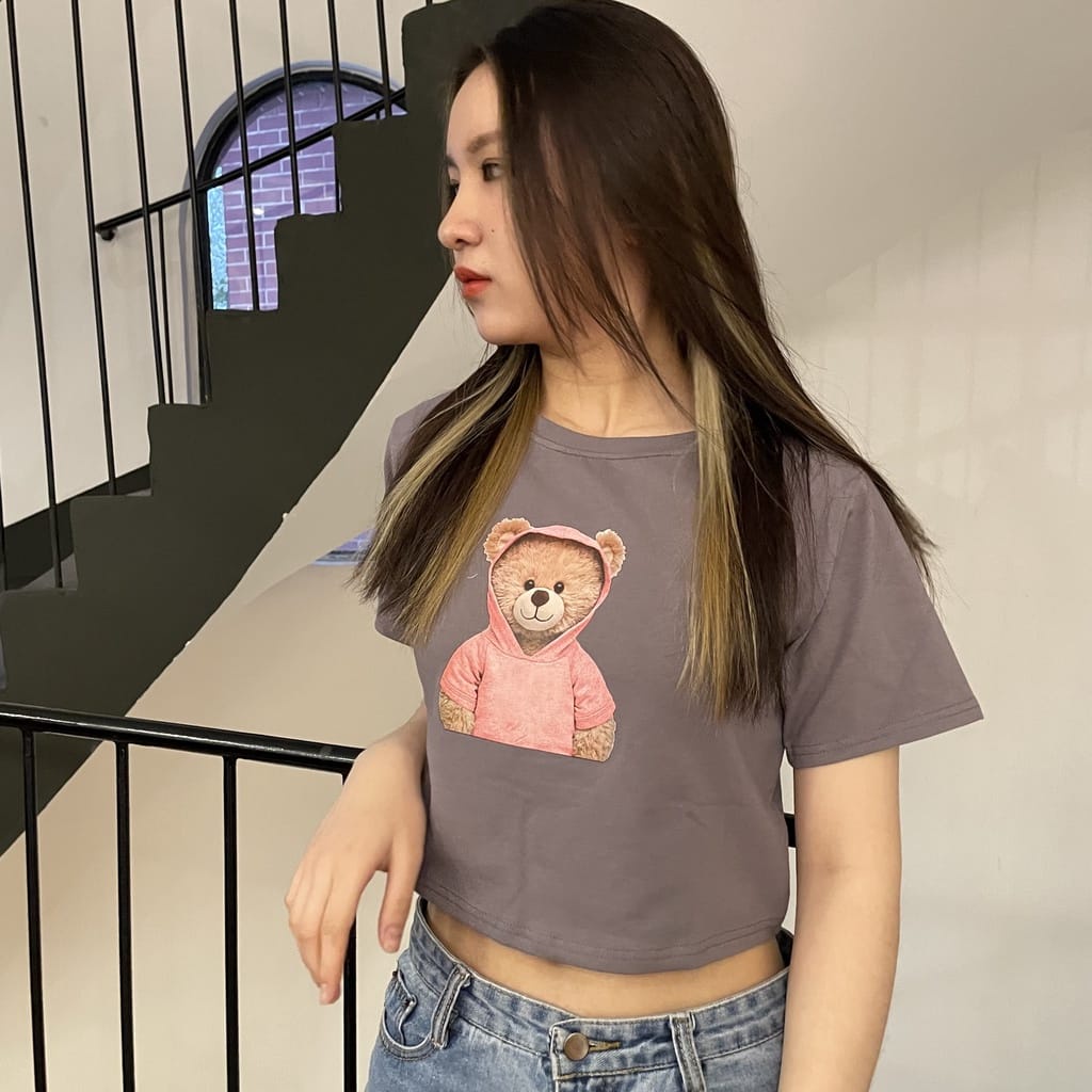 Tq88indonesia Baju Crop Wanita Terbaru / Tshirt Bear Print Crop / Baju Kaos Crop Wanita / OOtd / Baju Seksi Wanita / Baju Santai Wanita