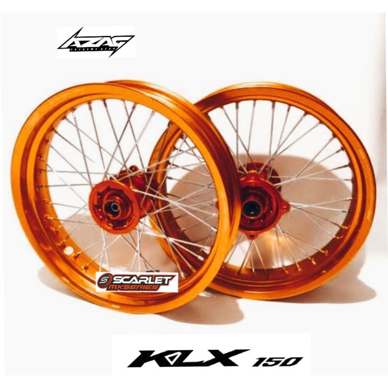 VELG SET WHELSET KLX DTRACKER 150 SUPERMOTO 17 250 300 VELG SCARLET TROMOL CNC ORANGE
