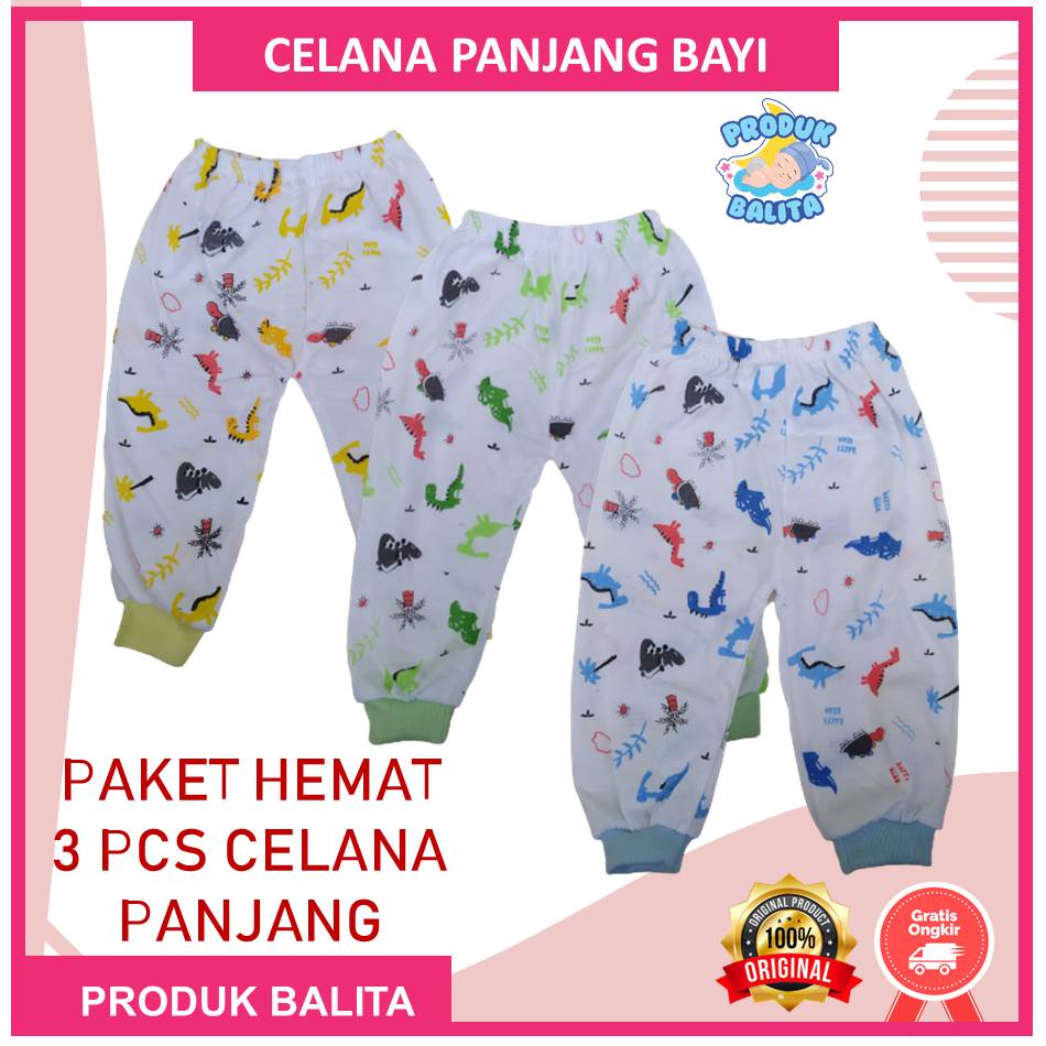 Paket 3 Pcs Celana Panjang Bayi Laki-Laki Perempuan Warna Putih Motif Lucu Termurah