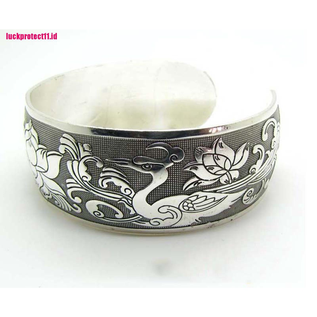 (LUCK) Gelang Tangan silver Tibet Aksen Burung Bangau / Awan Untuk Wanita