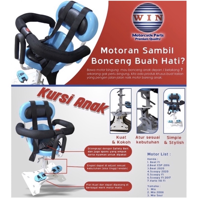 Kursi Boncengan Anak Portable Motor Matic WIN | jok duduk bayi / baby chair seat belt aman honda bea