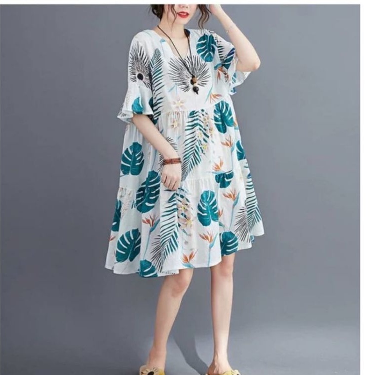 53009 Baju mini dress bunga lengan rempel putih navi ala Korea kekinian katun Import impor Baju mini