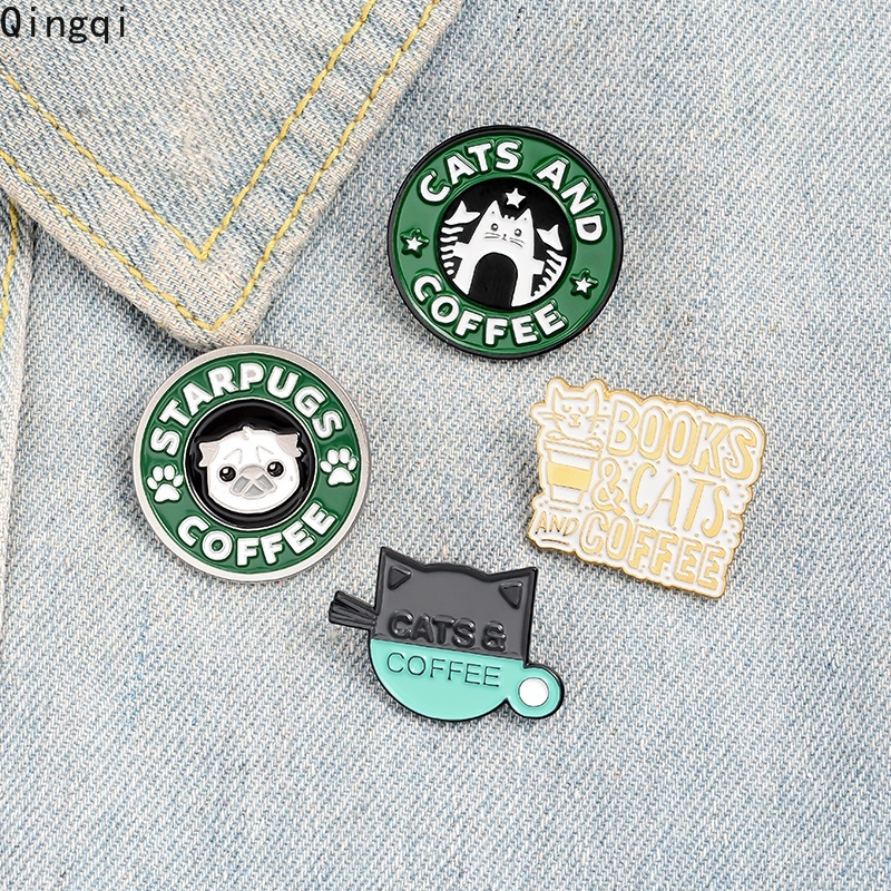 Bros Pin Enamel Bentuk Kucing / Anjing / Kopi Untuk Aksesoris Pakaian / Tas