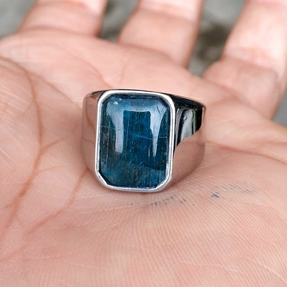 CINCIN BATU PERMATA NATURAL BLUE APATITE OCTAGON MINIMALIS FREE MEMO