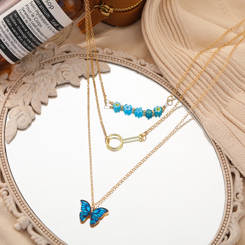AY(CN) Kalung Choker Rantai Banyak Lapis Dengan Liontin Kupu-Kupu + Mutiara + Kristal Gaya Korea Untuk Wanita