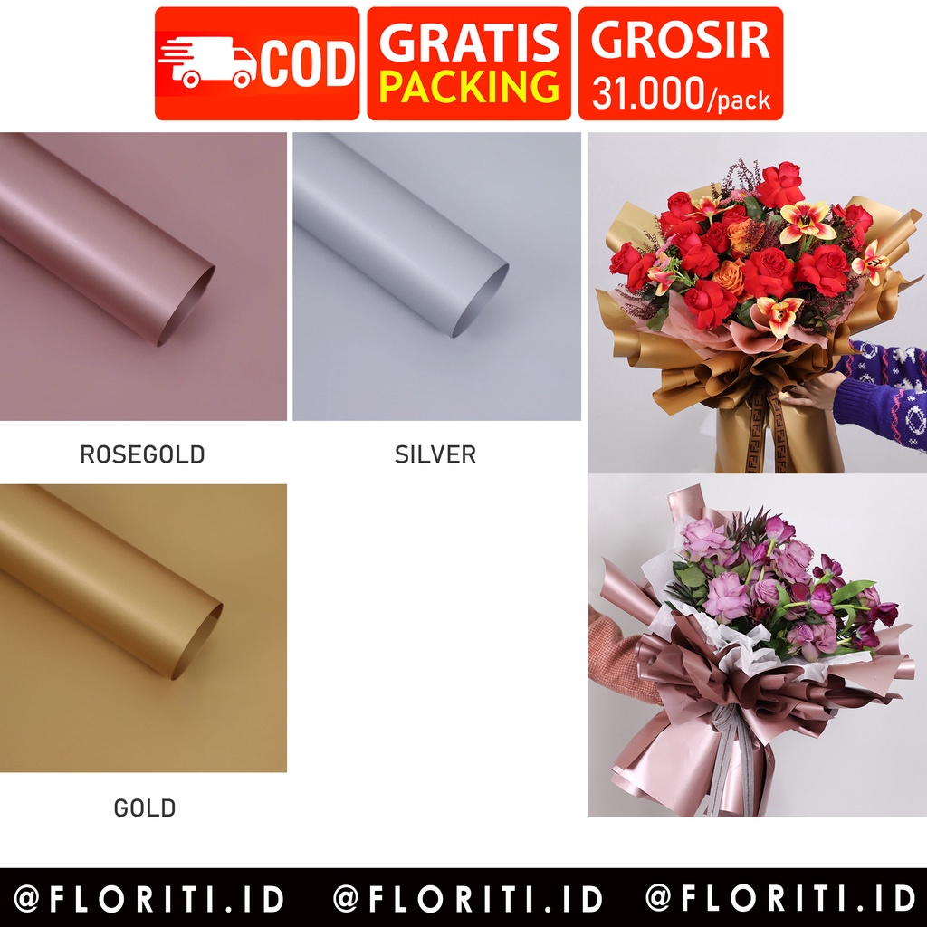 

(PACK) Kertas buket cellophane/flower wrapping double sided gilt gold rosegold silver