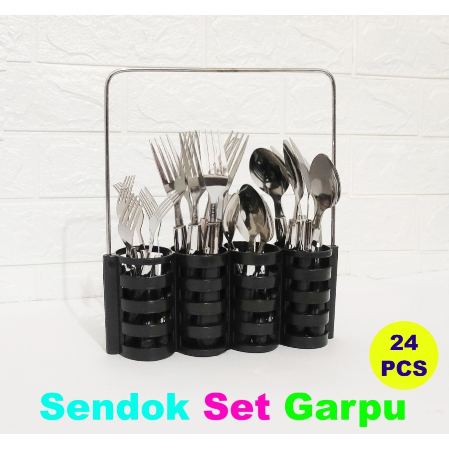 Set Sendok Makan Dan Sendok Garpu  + Tempat/Rak Sendok Isi 24 Pcs