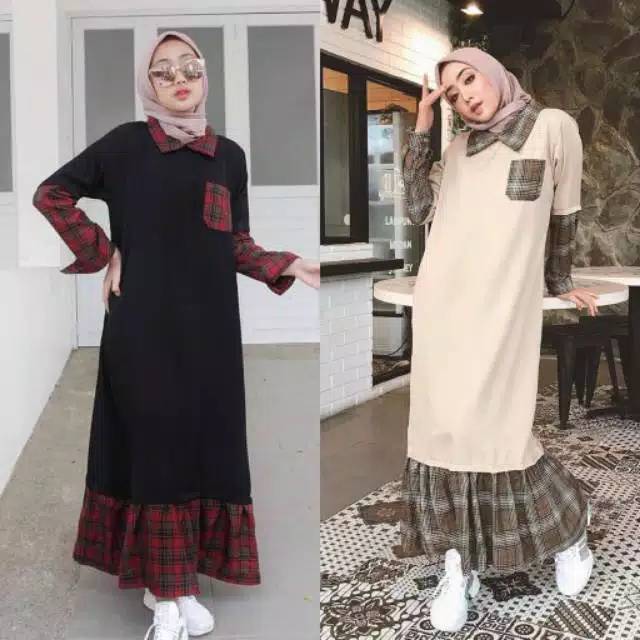 gamis terbaru kombinasi motif kotak-kotak + 1 kantong
