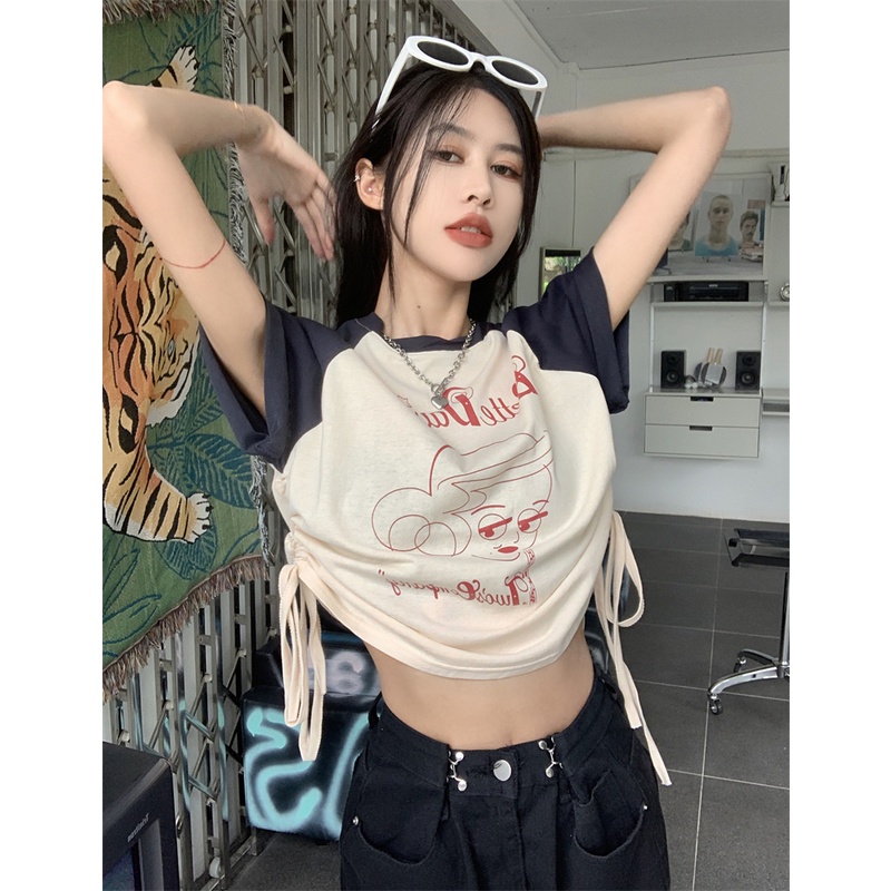 Amerika retro serut lengan pendek T-shirt wanita musim panas in hot girl jahitan longgar warna hit p