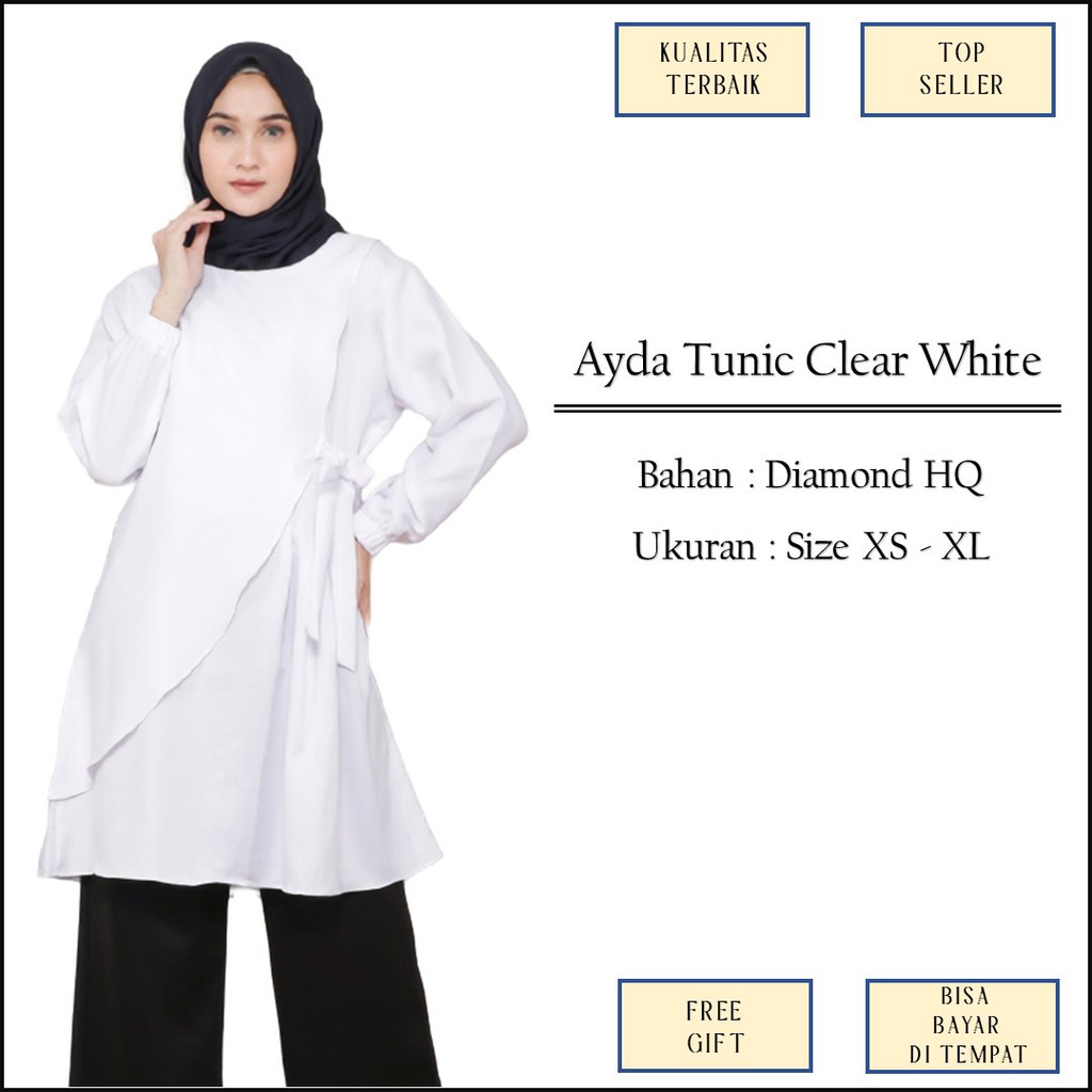 Baju Atasan Tunik Tunic Kerja Kantor Warna Putih Clear White Polos Variasi Pita Bahan Diamond Size X
