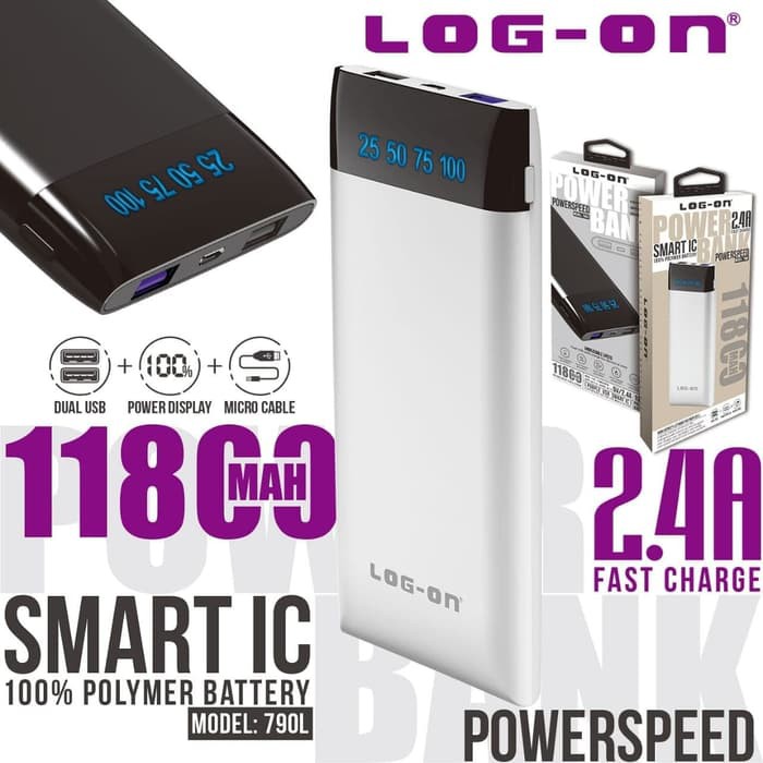 POWERBANK LOG ON PB-790L POWERSPEED 11800 MAH LED SLIM DESIGN