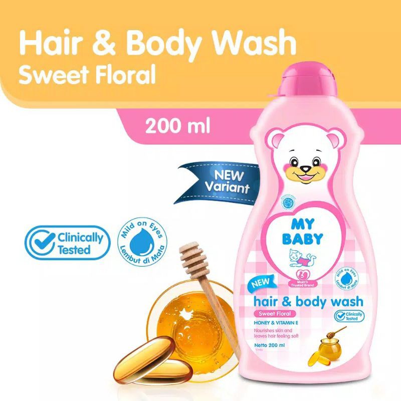 My baby  hair & body wash 200ml#Sabun Mandi Bayi honey & vitamin E# Sabun cair My Baby pink