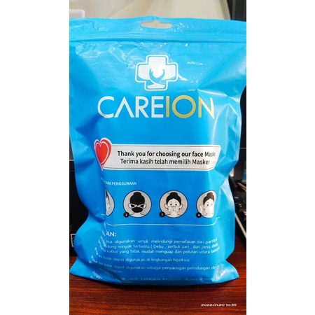 MASKER MEDIS CARE ION CAREION 3 PLY EARLOOP DISPOSABLE PROTECTIVE MASK ISI 50 PCS KUALITAS BAGUS