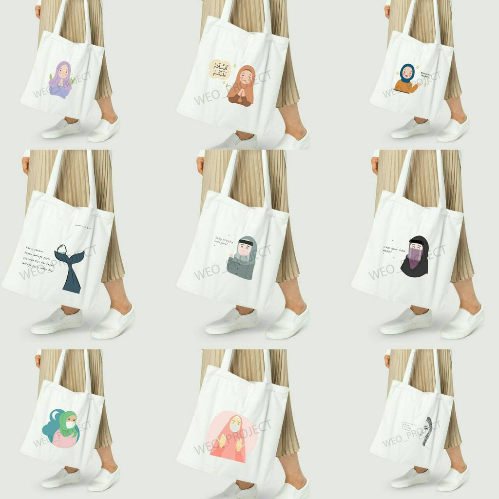 TOTE BAG KANVAS / TOTE BAG WANITA / TOTE BAG ILUSTRASI HIJAB 2