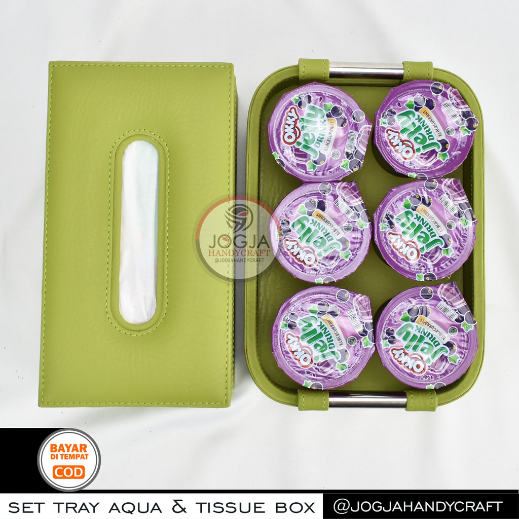 Paket Hemat 1 Set Kotak Tissue + Tatakan / Baki / Tray Aqua Mineral Gelas Isi 6 Jogja Handycraft