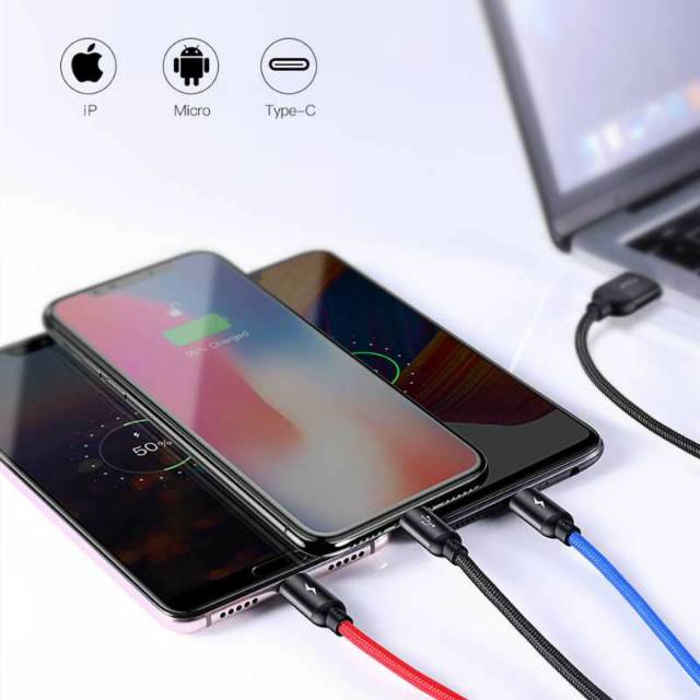 Baseus 3 in 1 Kabel Charger Micro USB + Type C + Lightning 3.5A 1.2M