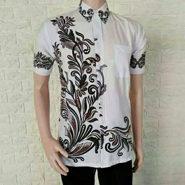Baju Batik Kemeja Cowok Kemeja Putih Motif Kembang Abstrack Elegant Hem Lengan Pendek