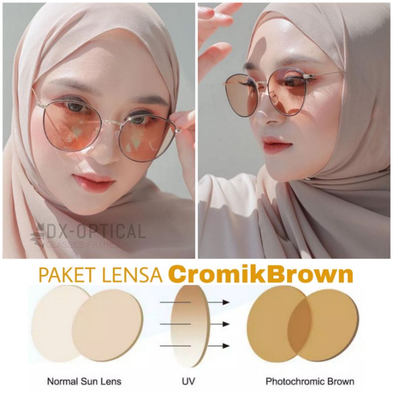 Frame Kacamata Cat Eye + Lensa Photocromic Brown | Frame Kacamata Wanita Trendy | Kaca Mata Bulat