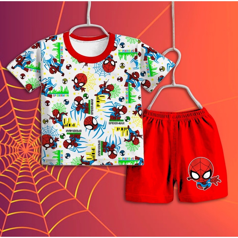 SETELAN ANAK BERLENGAN KARAKTER SPIDER,MAN FULL PRINT SABLON 6-12 BULAN PAKAI